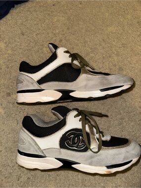 CHANEL Black, Gray and White Men’s Low-Top Logo Sneakers